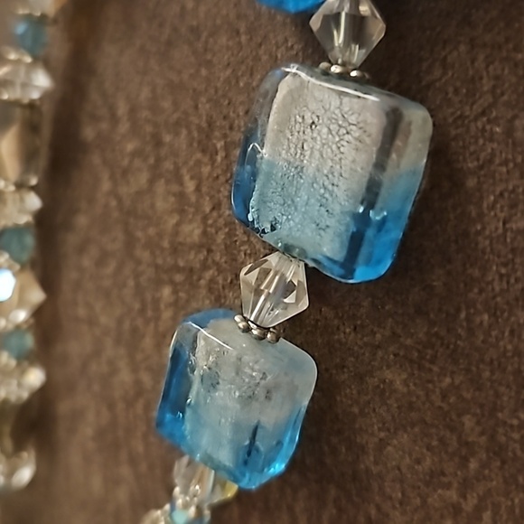 Vintage Aurora Borealis Crystal Lampwork Foil Glass Square Beaded Necklace - Picture 7 of 9